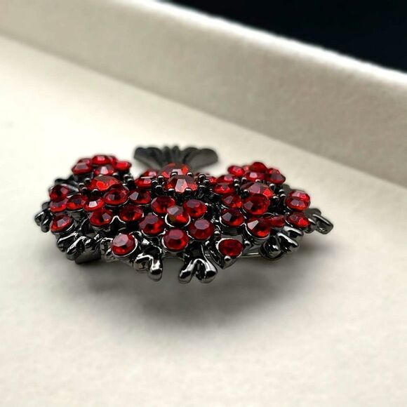 Gunmetal Gray with Dark Ruby Red Crystal Blooming Tree Pin Back Brooch - Picture 6 of 7